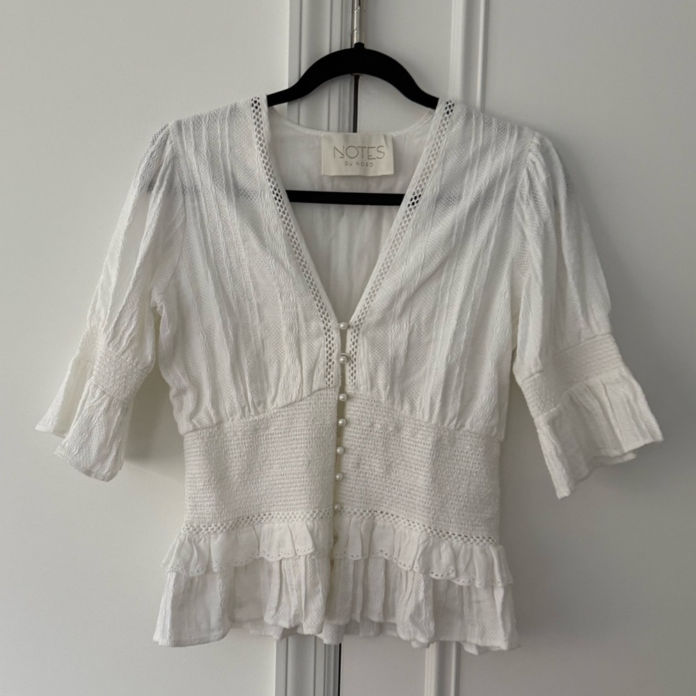 Women's White Ruffled Top with Pearl Buttons